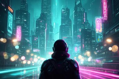 Neon-lit cyberpunk city skyline with futuristic character in the foreground