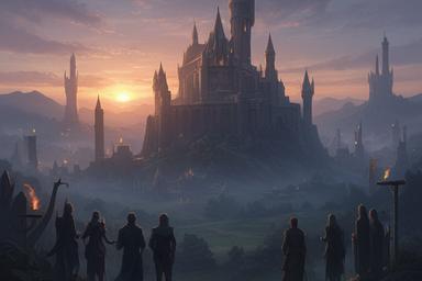 Illustration of a high-fantasy kingdom castle at sunset with character silhouettes