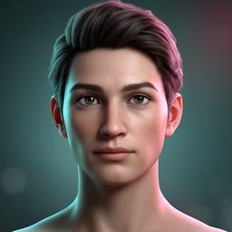Realistic 3D rendered character model with detailed textures and dramatic lighting