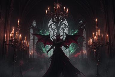 Gothic mansion interior with supernatural character designs featuring vampire and demon themes